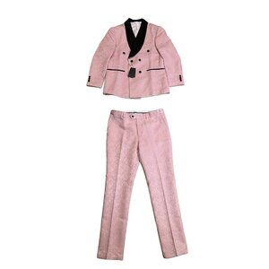 Pink Jacquard Tuxedo Suit Set Men Blazer Pants Black Lapel Formal Dressy Size L